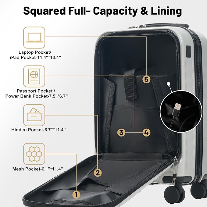 Merax Luggage Sets Front Opening, 2 Piece Hardshell Suitcase with Spinner Wheels and Bags,Lightweight Carry on Luggage with USB Port,20+24,White Grey