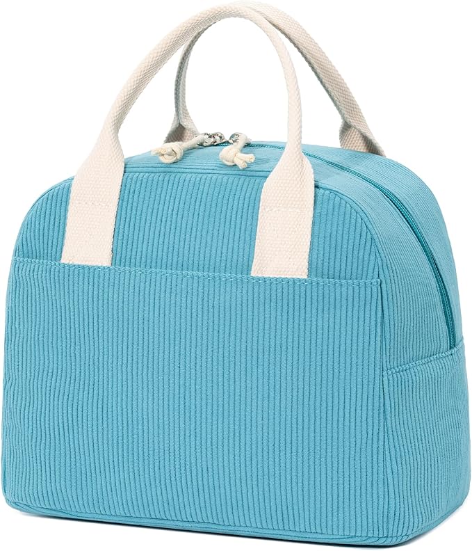 Insulated Lunch Bag for Women Men, Stylish Corduroy Tote Bag with Aluminum Lining, Large Capacity Reusable Cooler for Work, Travel, or Beach, Lake Blue Lunch Box