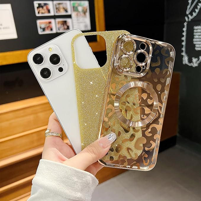 for iPhone 15 Pro Case Magnetic,Soft Cute Luxury Leopard Cheetah Pattern Plating Glitter Bling Phone Case Compatible with MagSafe Clear Shockproof Back Cover for Women Girl 6.1"-Gold