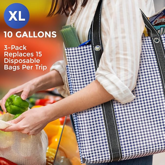 Creative Green Life 3 Pack Heavy Duty Reusable Grocery Bags with Hard Bottom & Strong Handles – Foldable, Durable, Easy to clean, Water-Resistant & Multi-Purpose (Blue Checkered)