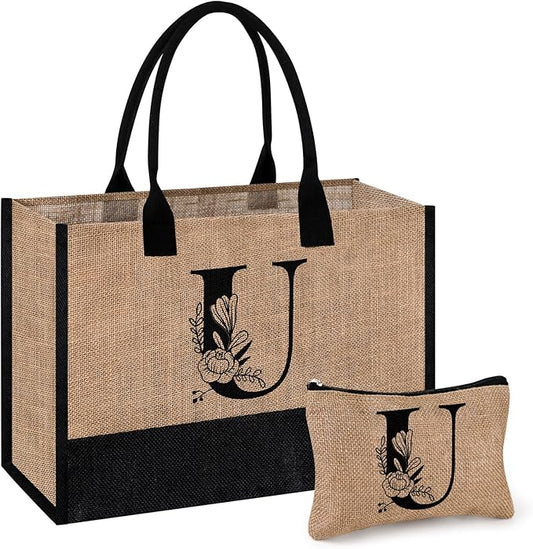 AYGE Personalized Initial Jute Tote Bag & Makeup Bag, Beach Bag, Monogrammed Birthday Gifts for Women Sister Mom Bridesmaid