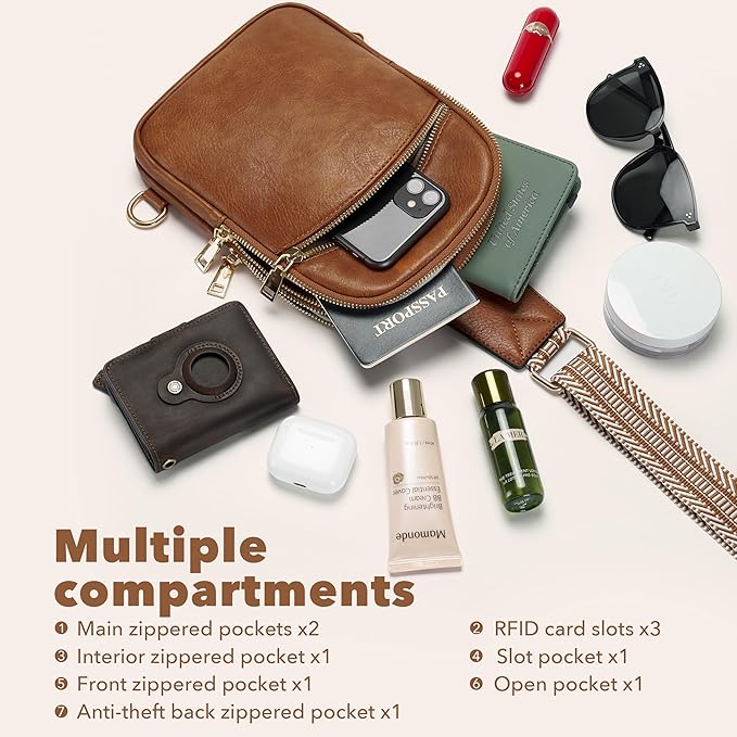 Yarnic Small Sling Bag for Women, Anti Theft Cross Body bags Trendy, RFID Travel Crossbody Purses,Vegan Pu Leather Chest Bag (Chestnut Brown)