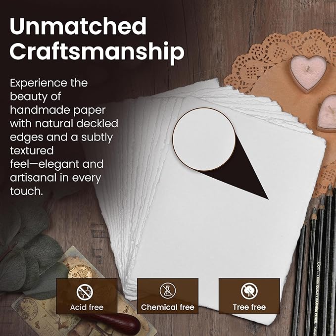 LEATHER VILLAGE Watercolor Paper - 12 X 16 inches, 50 Sheets - Mixed Media Watercolor Paper - 150 GSM Thick Deckle Edge Virgin Cotton Handmade Paper - Off White