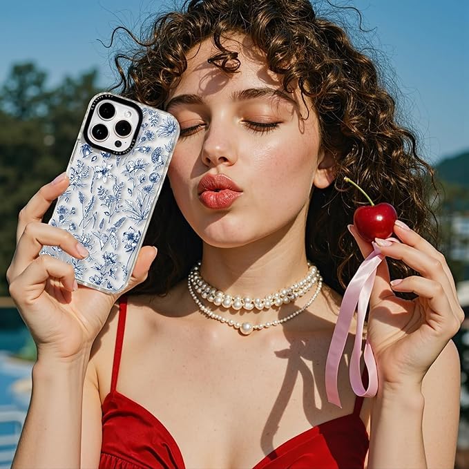 for iPhone 15 Pro Case, Vintage Botanical Pattern with Blue Flowers, Military-Grade Drop Protection, Cute Soft Slim TPU Protective Cover with Camera Lens Protection for Women & Girls