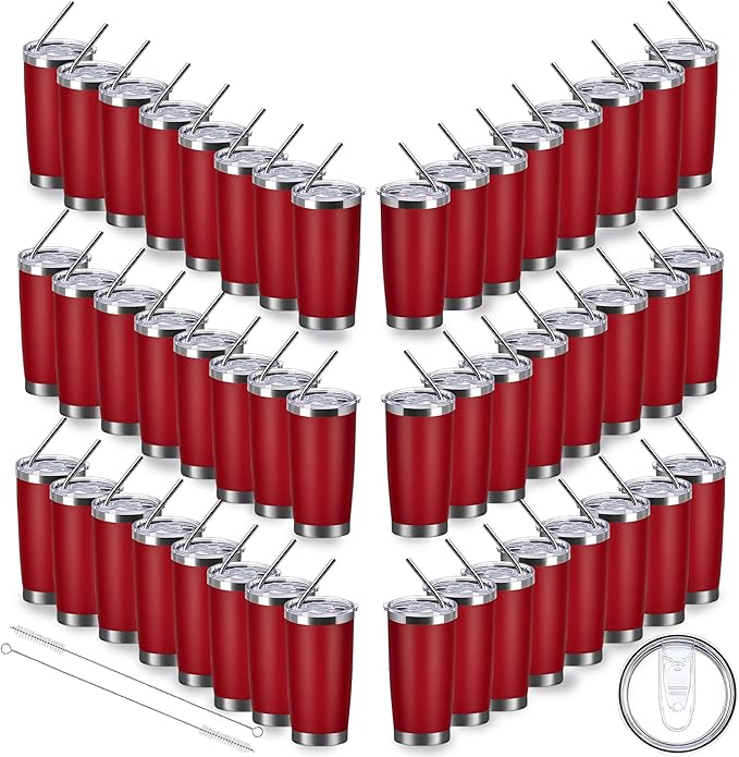 20oz insulted tumblers stainless steel cup Tumbler Bulk with push Lid, and metal straw powder coated coffee cup for cold and hot drinking (48, red)