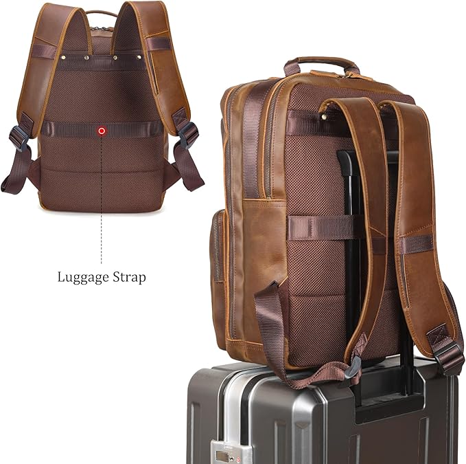 Polare 17.3 Inch Full Grain Leather Backpack for Men and Women Multi Pockets Business Travel Laptop Rucksack (Light Brown)