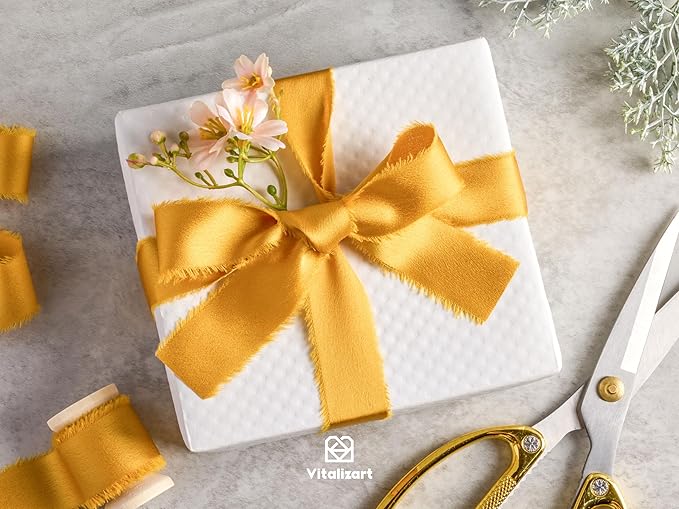 Vitalizart Silk Satin Ribbon 1 inch x 15 Yard Gold Handmade Frayed Ribbons for Gift Wrapping Baby Shower Wedding Bridal Bouquets Holiday Decor
