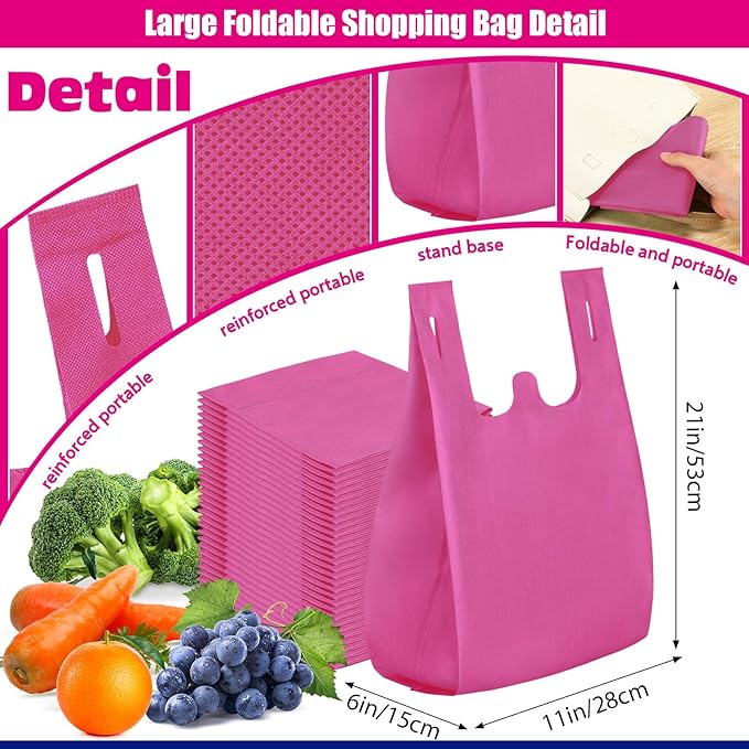Windyun Large Grocery T-shirt Bags Bulk Reusable Non Woven Shopping Bag Foldable Gift Tote with Handle, 21x11x6 Inch