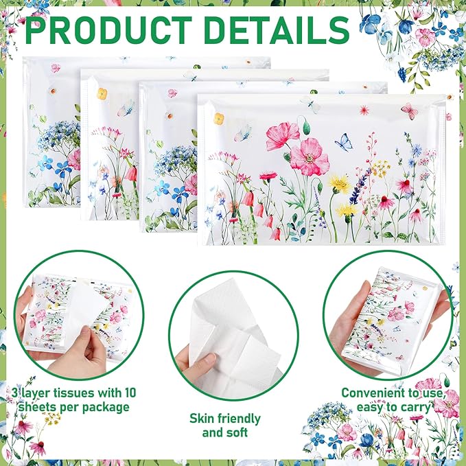 50 Pack Summer Floral Pocket Tissues Individual Packs Wildflower Wallet Facial Tissue Travel Bulk 3 Ply Flower Pocket Packets for Summer Wedding Party Supplies
