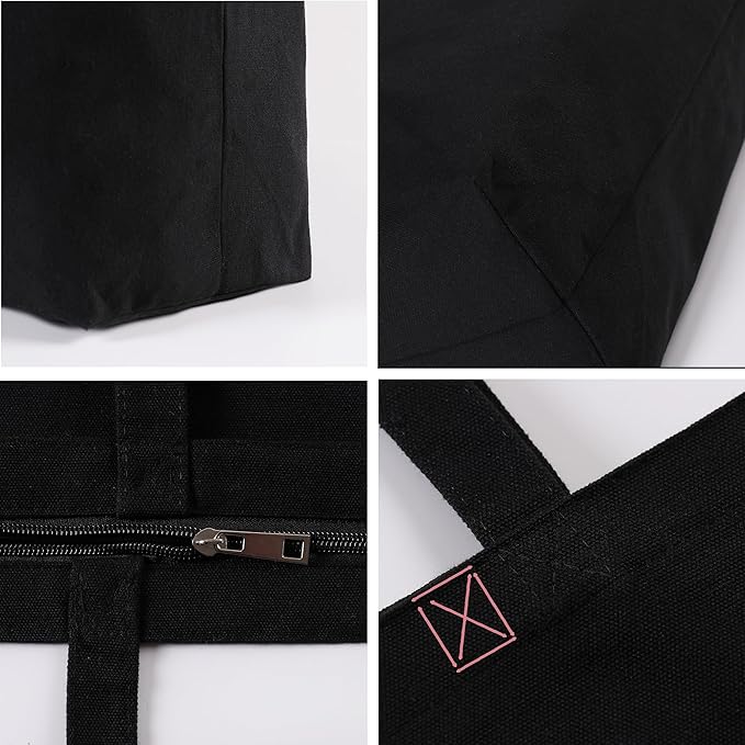 Koolmox 6Pack 22x16x7.8'' 12Oz Heavy Duty Canvas Tote Bag with Zipper, Reinforced Handles Wide Bottom, Large Canvas Bag, Extra Big Grocery Shopping Beach Reusable Totes Bags Vacation Bags Plain Black