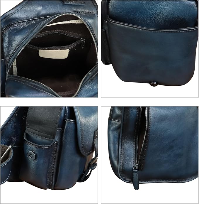 Genuine Leather Sling Bag for Men Women Chest Bag Crossbody Bag Vintage Sling Backpack Purses Hiking Sports Travel (Blue)