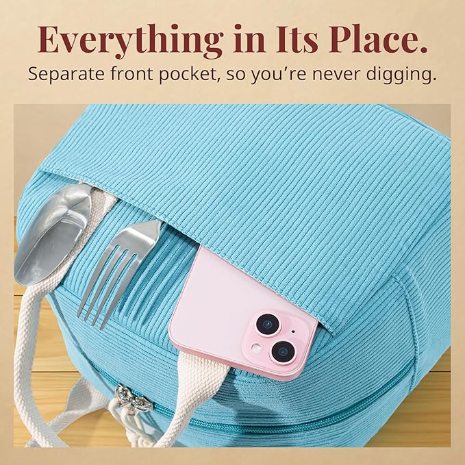 Insulated Lunch Bag for Women Men, Stylish Corduroy Tote Bag with Aluminum Lining, Large Capacity Reusable Cooler for Work, Travel, or Beach, Lake Blue Lunch Box