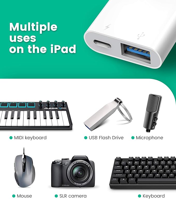 USB Adapter for iPhone/iPad, LᎥghtnᎥng to USB Female OTG Adpater,USB3 to iPad Adapter with Charging Port,Supports FlashDrives,MIDI,SD Card Reader and Mouse,Plug&Play