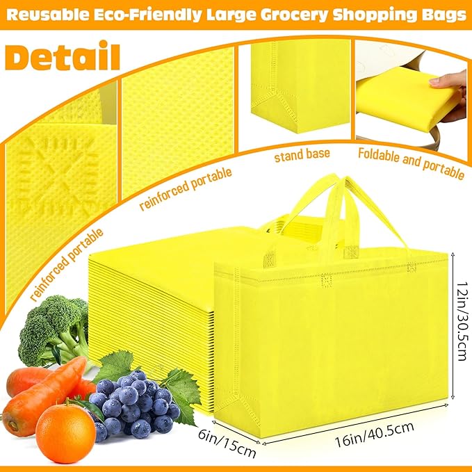 Windyun Reusable Grocery Bags Large Non Woven Shopping Bags with Handles Foldable Portable Tote Bulk, 16x6x12 Inch