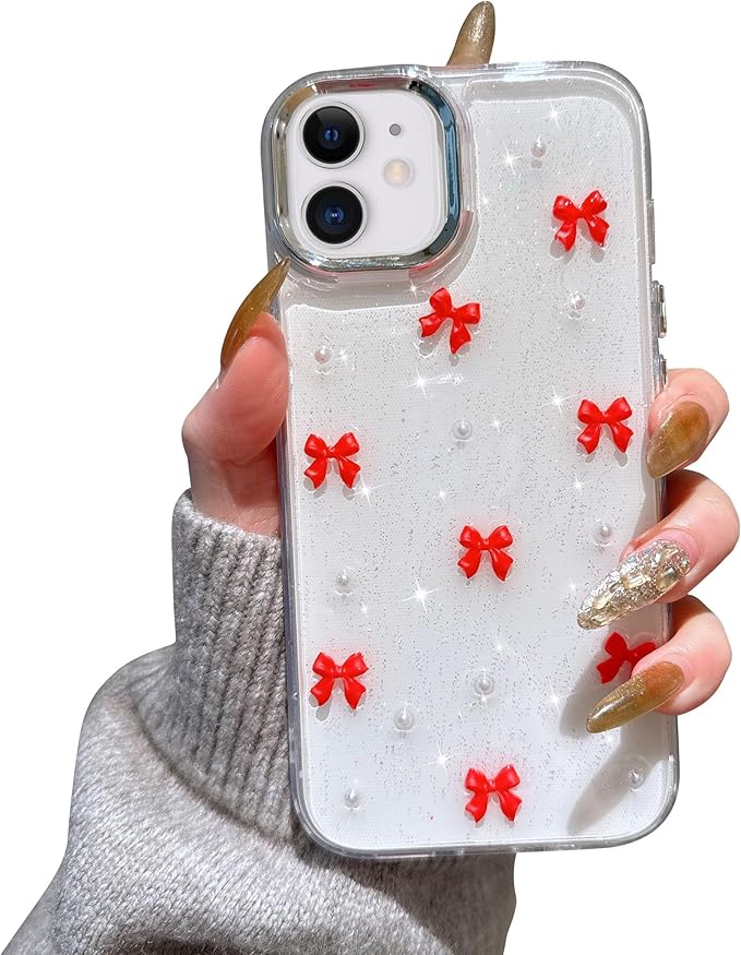 EYZUTAK Case for iPhone 12/iPhone 12 Pro, Bling Glitter 3D Bowknot Phone Case Cute Sparkly Crystal Clear Bow Aesthetic Case Slim Soft Durable TPU Transparent Protective Cover for Women Girls-Red Bow