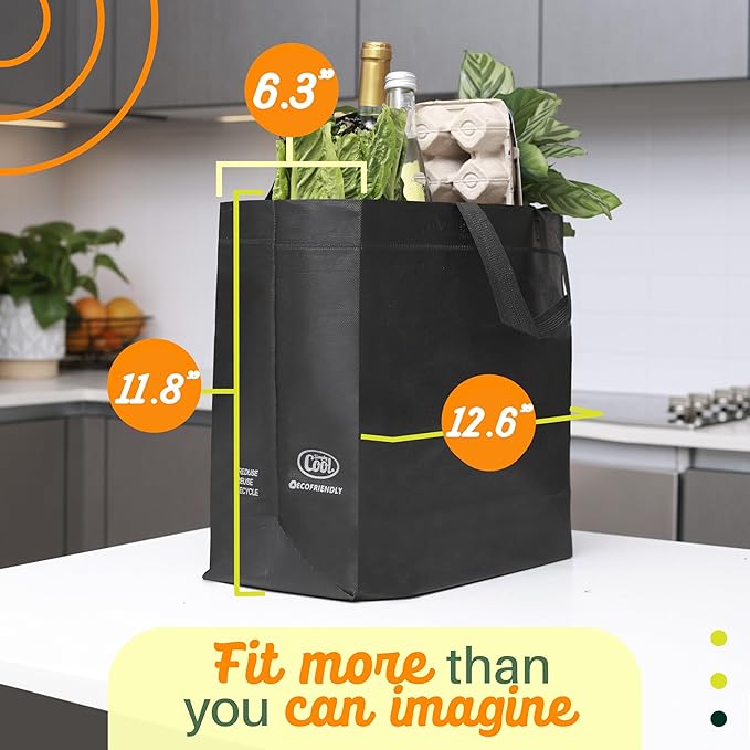 Simply Cool 50 Pack Black Reusable Eco-Friendly Grocery Shopping Bags 12.6"x6.3"x11.8" Durable, Recyclable Shopping Bags Washable, Foldable, Portable Tote Bags Bulk