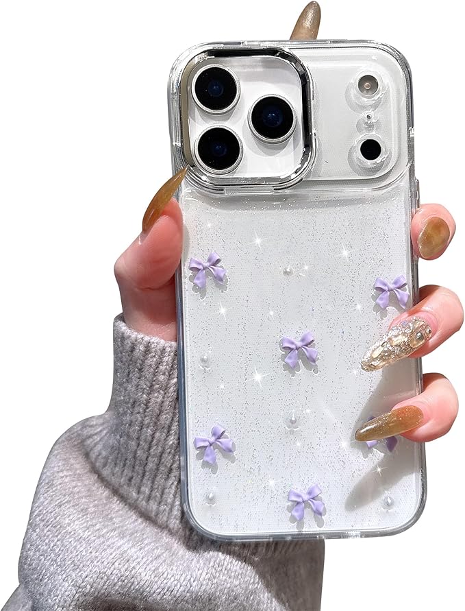EYZUTAK Case for iPhone 17 Pro, Bling Glitter 3D Bowknot Phone Case Cute Sparkly Crystal Clear Bow Aesthetic Design Cover Slim Soft Durable TPU Transparent Protective Cover for Women Girl - Purple Bow