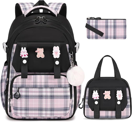 Backpack for Girls, Kids Girls Backpacks Set with Lunch Bag Pencil Case, Cute Bookbag Waterproof Backpack for Elementary Middle School, Black-Pink