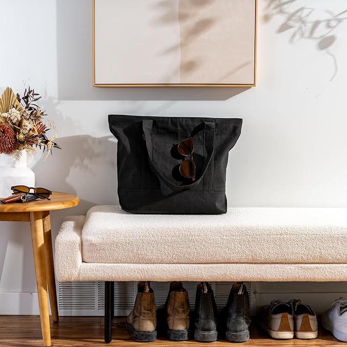 Carrywell |Not Made in China| 6 Pack Cotton Tote Bags, Reusable Grocery Shopping Bag with Zipper Closure and Front Pocket, Heavy Duty Organic Cloth w/Handles