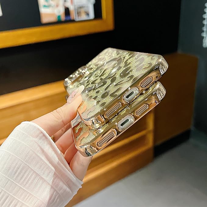 for iPhone 15 Case Magnetic,Soft Cute Luxury Leopard Cheetah Pattern Plating Glitter Bling Phone Case Compatible with MagSafe Clear Shockproof Back Cover for Women Girl 6.1"-Gold