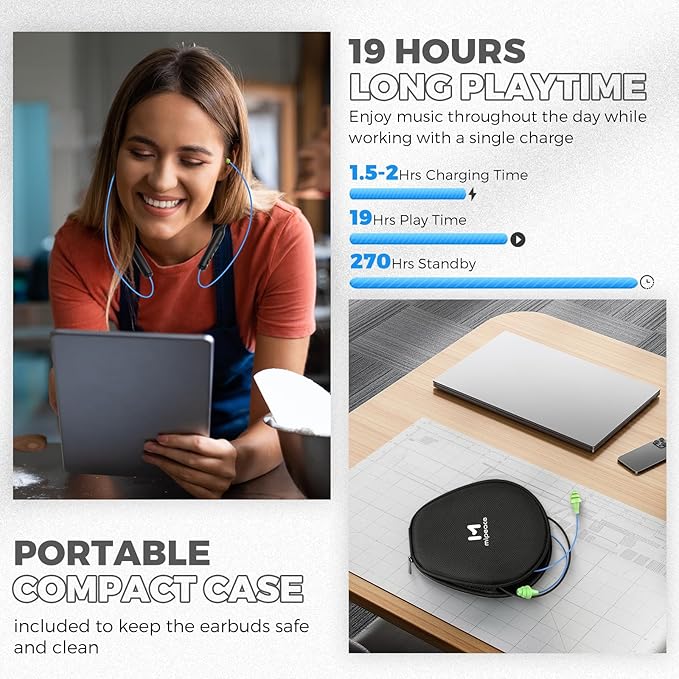 MIPEACE Bluetooth Earplug Headphones, Neckband Wireless Earbuds earplugs-29db Noise Reduction isolating in-Ear earplug Earphones with Controls,IPX5 sweatproof,19+Hour Battery(Blue Green)