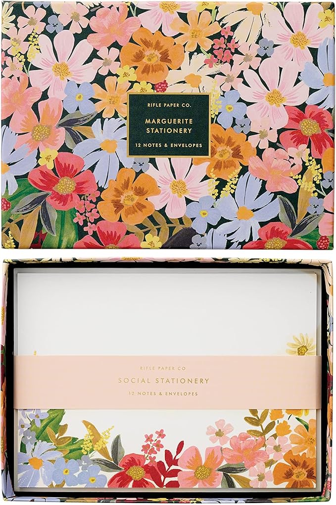 RIFLE PAPER CO. Marguerite Social Stationery Set - Set of 12 Cover-Weight Flat Notes - Full Color Designs on Back - Natural White Cover Paper - Great for Thank Yous, Greetings and More