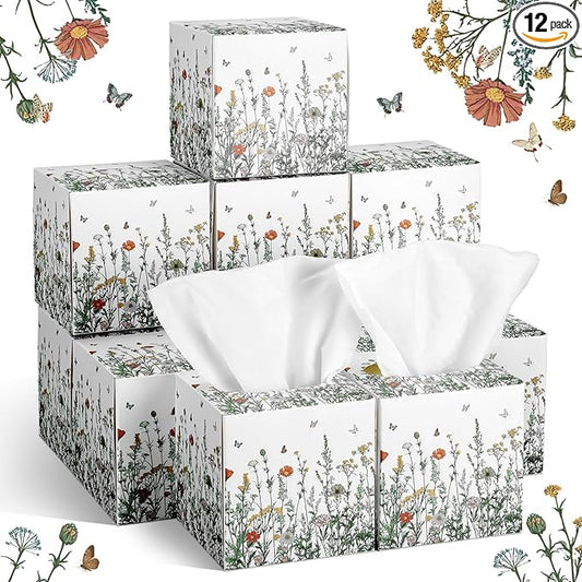 12 Pack Spring Facial Tissues Cube Face Boxes 600 Sheets 3 Ply Small Square Tissues Bulk for Spring Summer Car Bedroom Supplies(Wildflowers)
