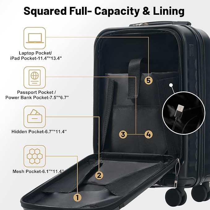 Merax Luggage Sets Front Opening, 2 Piece Hardshell Suitcase with Spinner Wheels and Bags,Lightweight Carry on Luggage with USB Port,20+24,Black