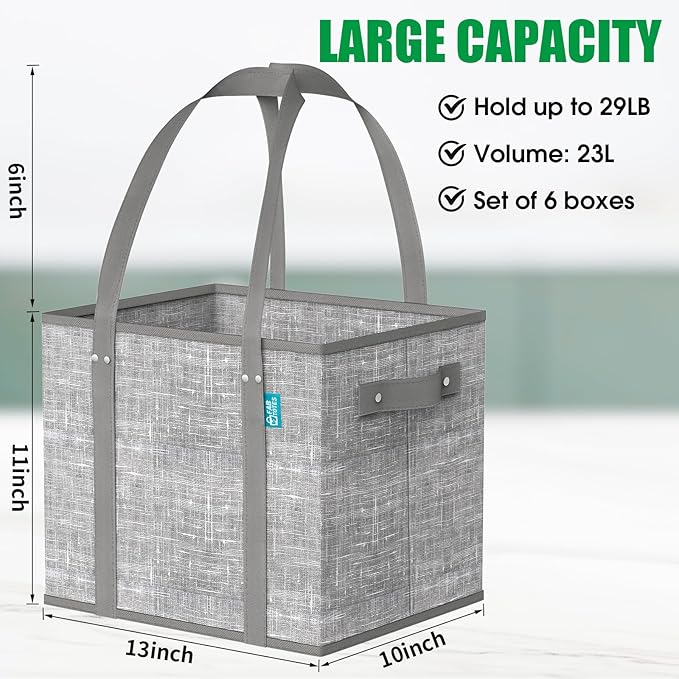 Fab totes Reusable Grocery Bags, Large Foldable Shopping Tote Bags with Reinforced Handles & Hard Bottom,Water Resistant Grocery Bags for kitchen,Picnic,6 Pack, Grey