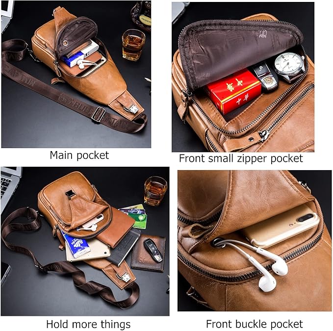 BULLCAPTAIN Men Sling Chest Bag Genuine Leather Casual Multipurpose Crossbody Shoulder Backpack Travel Hiking Daypack (Yellowish brown)