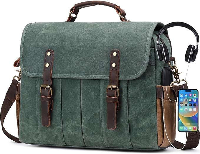 Messenger Bag for Men 15.6 Inch Vintage Canvas Genuine Leather Briefcase for Men Laptop Bag Satchel Shoulder Bag