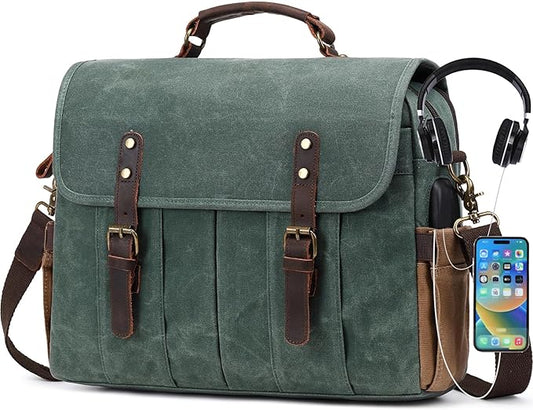 Messenger Bag for Men 15.6 Inch Vintage Canvas Genuine Leather Briefcase for Men Laptop Bag Satchel Shoulder Bag