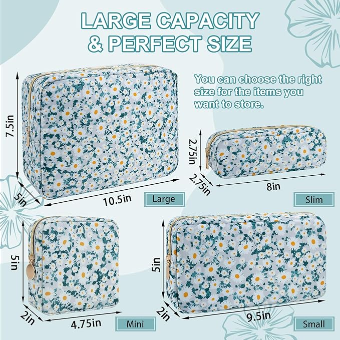 Waterproof Large Floral Makeup Pouch,Nylon Travel Toiletry Storage Purse Preppy Cosmetic Bag for Women Girl,Large Capacity Makeup Organizer Zipper Pouch for Work(L Green-Daisy)