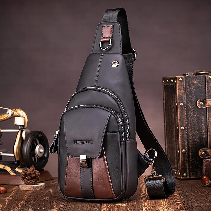 LUKZIJAES Genuine Leather Sling Bag for Men Vintage Crossbody Bag Men Chest Pack Mens Cross Shoulder Bags Hiking Daypacks Travel Backpack (#2-Black)