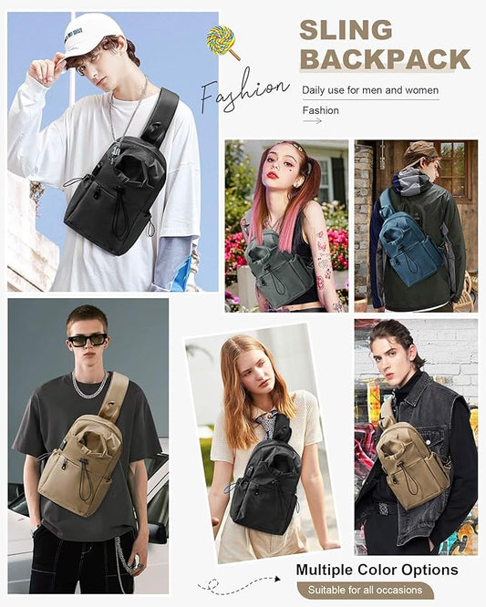 Sling Backpack bag for Men Khaki, Tactical BackpackSmall One Strap Daypack, Mini Anti-Theft Cross Body Motorcycle Chest Bags, Satchel Bag for Casual Travel Hiking Outdoor Sports Gym