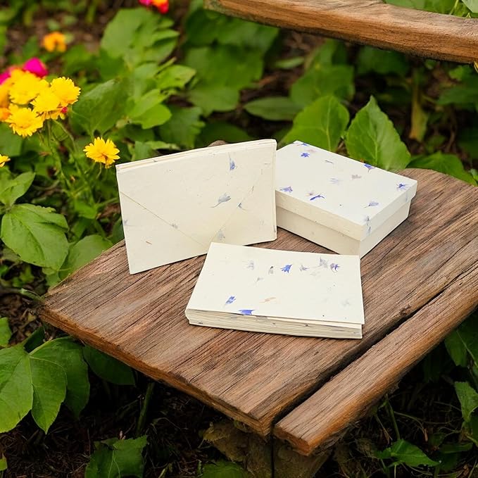 Kathmandu Valley Co. Nepali Cherish Greeting Card & Envelope Box Set with Handmade Lokta Paper from Nepal, 15 Greeting Cards (Cornflower)