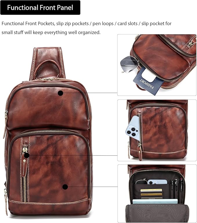 LANNSYNE Full Grain Leather Sling Bag For Men, Crossbody Bag fits 12.9" iPad Crossbody Chest Daypack