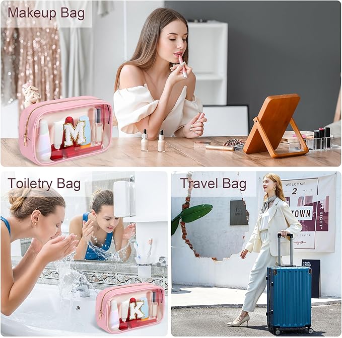 YOOLIFE Initial Travel Makeup Bag Pouch, Clear Toiletry Bag for Women Travel Accessories Cosmetic Bag Skin Care for Teen Make Up Bags Birthday Gifts for Women Unique Teacher Mom Friends Gifts Pink R