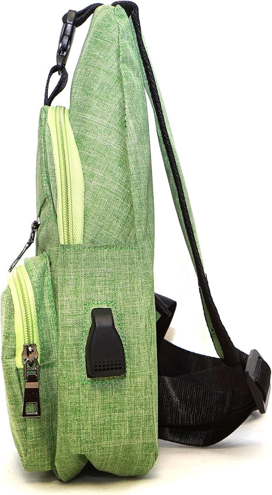 Anti-Theft Daypack Crossbody Sling Backpack, USB Charging Connector Port, Lightweight Day Pack for Travel, Hiking, Everyday, Regular, Apple Green