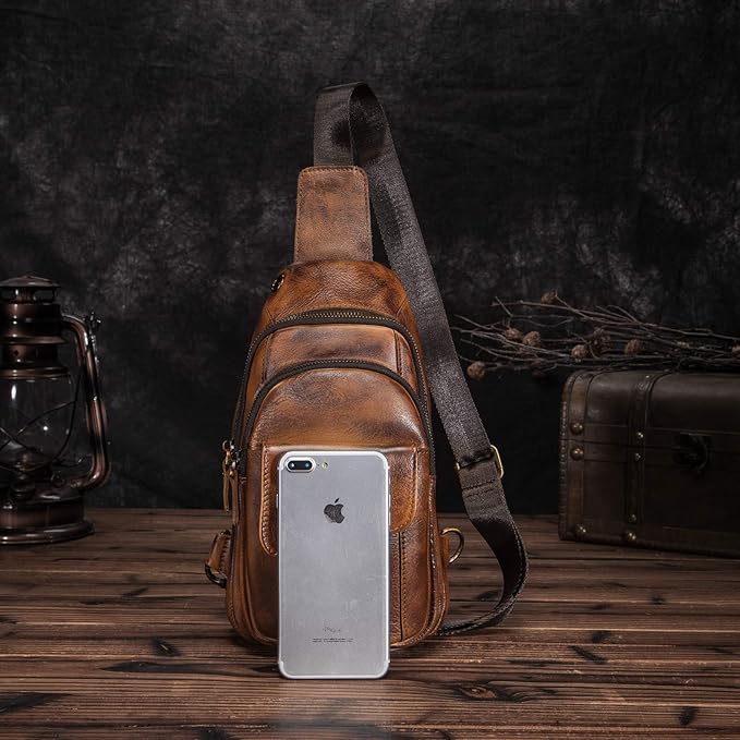 Le'aokuu Men Outdoor Casual Travel Hiking Tea Crossbody Chest Sling Bag Rig One Shoulder Strap Bag Backpack Men Leather