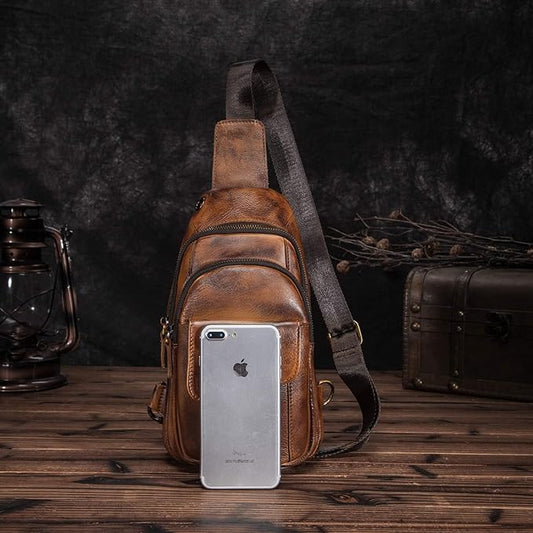 Le'aokuu Men Outdoor Casual Travel Hiking Tea Crossbody Chest Sling Bag Rig One Shoulder Strap Bag Backpack Men Leather