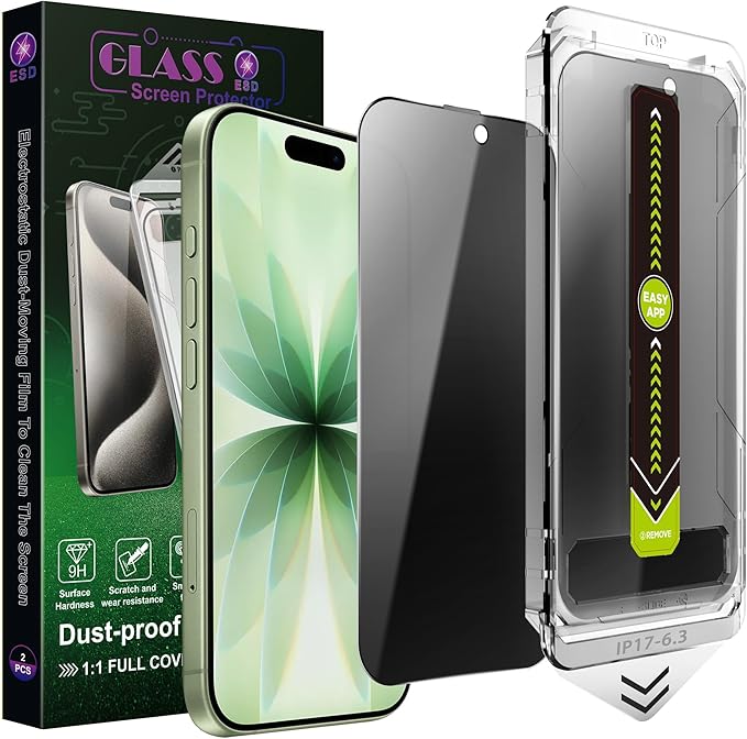 2 Pack Anti-Spy Privacy Screen Protector for iPhone 17/16 Pro (6.3-Inch),9H Tempered Glass,Full Coverage,Anti-Fingerprint,Auto Dust Removal,Bubble-Free,Easy Installation