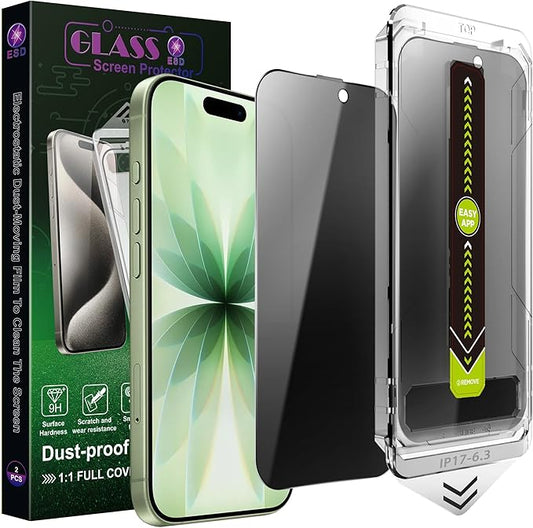 2 Pack Anti-Spy Privacy Screen Protector for iPhone 17/16 Pro (6.3-Inch),9H Tempered Glass,Full Coverage,Anti-Fingerprint,Auto Dust Removal,Bubble-Free,Easy Installation