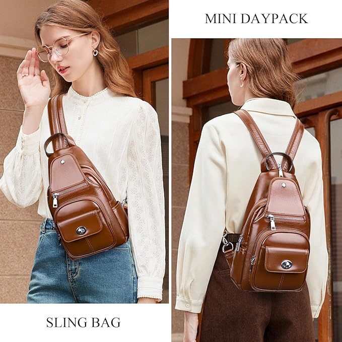 Over Earth Genuine Leather Sling Bag for Women Men Small Crossbody Purse Causal Hiking Chest Backpack (O212E Brown)