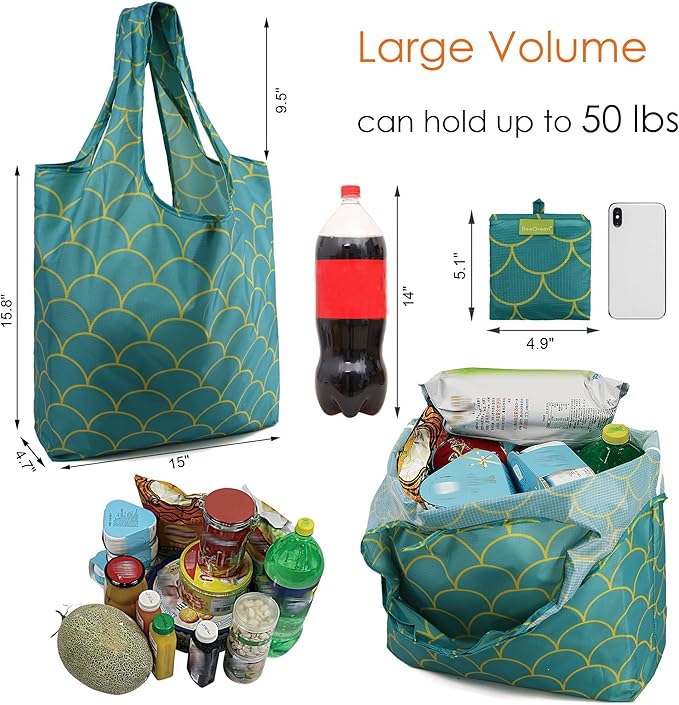 BeeGreen Reusable Grocery Bags Geometry Design - Pack of 6 Foldable Totes for Women with Pouch,X-Large 50lbs Capacity Machine Washable Polyester Sturdy Shopping Bags for Women Travel Shopping