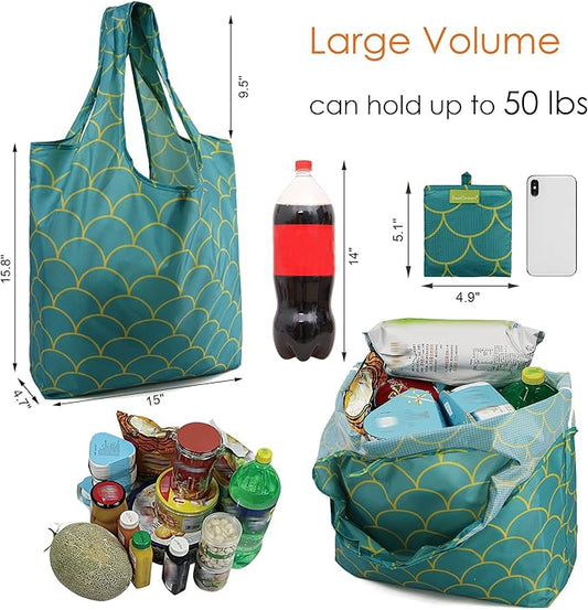 BeeGreen Reusable Grocery Bags Geometry Design - Pack of 6 Foldable Totes for Women with Pouch,X-Large 50lbs Capacity Machine Washable Polyester Sturdy Shopping Bags for Women Travel Shopping