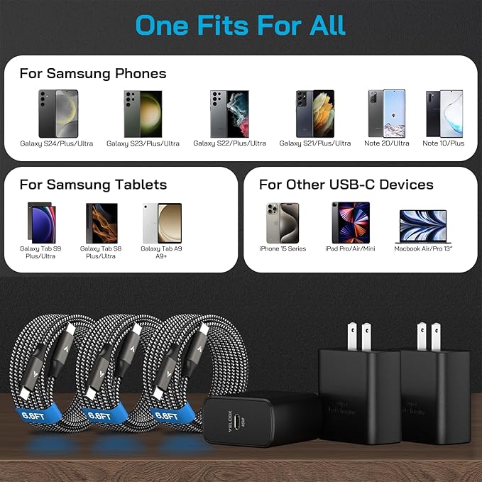 45W Super Fast Charger USB C, 45 Watt Type-C Android Phone Charger Fast Charging Block with 3X 6.6FT Type C Cords for Samsung Galaxy S25 Ultra/S24 Ultra/S24+/S23 Ultra/S23+/S22 Plus, Tab S9/S8 Ultra