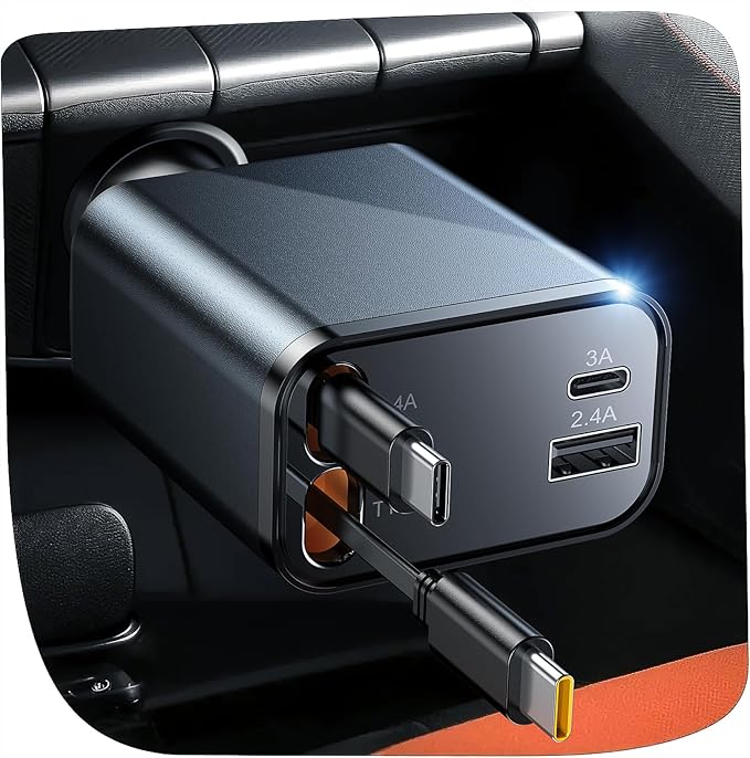 Temdan Retractable Car Charger, 4 in 1 Fast Charger USB C Car Truck Accessories, Travel Essentials Gifts for Women Men, Car Accessories for iPhone 17 Pro Max Air 16 15 14 13 Plus,Galaxy,Pixel-Grey