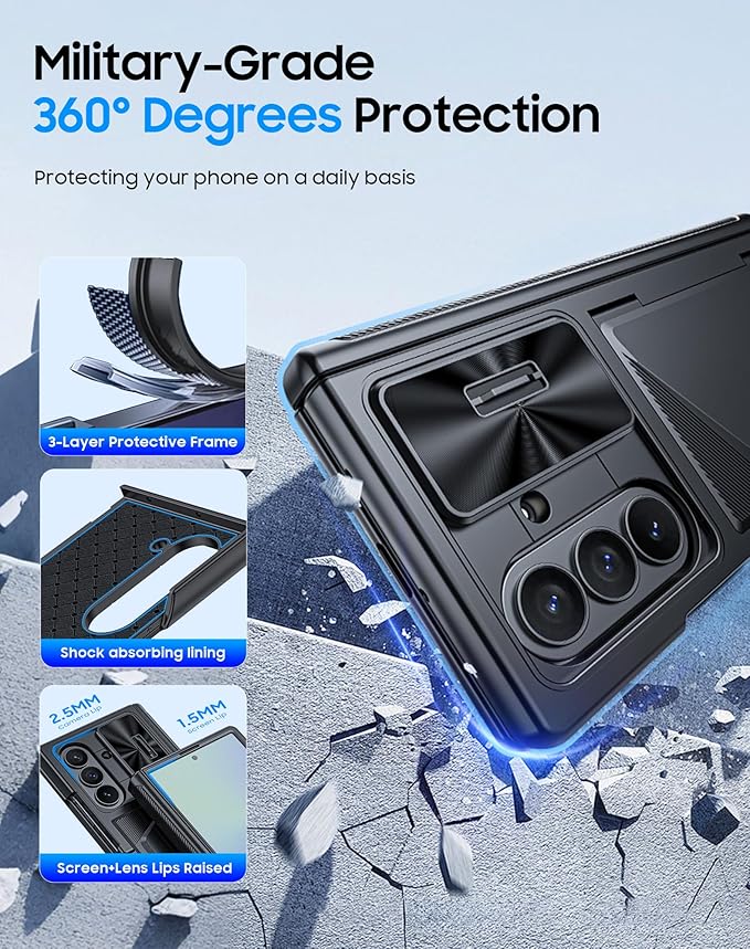 for Samsung Galaxy Z Fold 7 Case with Card Holder RFID Blocking, Built in Slide Lens Cover & Hinge Protection & Screen Protector, Shockproof Wallet Case for Z Fold 7 (Black)