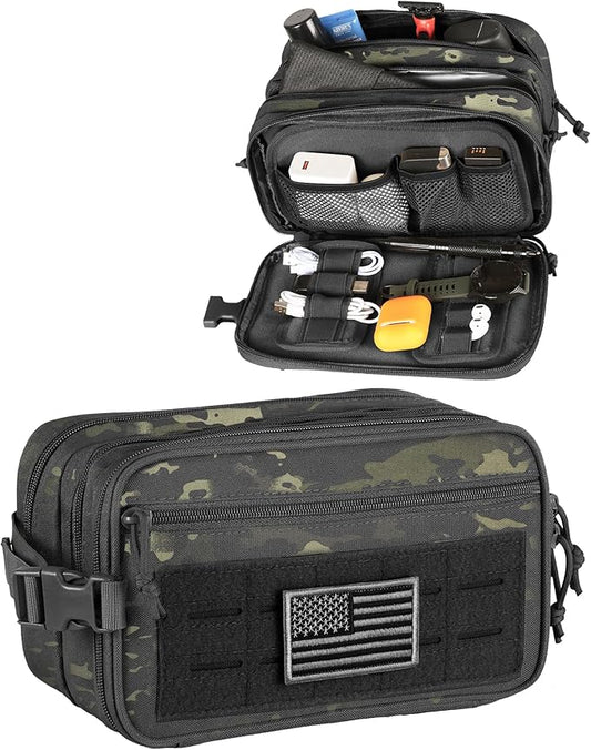 DBTAC Tactical Toiletry Bag w/Electronic Organizer Compartment | Dry/Wet Separate Hygiene Bag, Expanded Travel Dopp Kit Shaving Kit Travel shower Bag for Men (Black Camo)